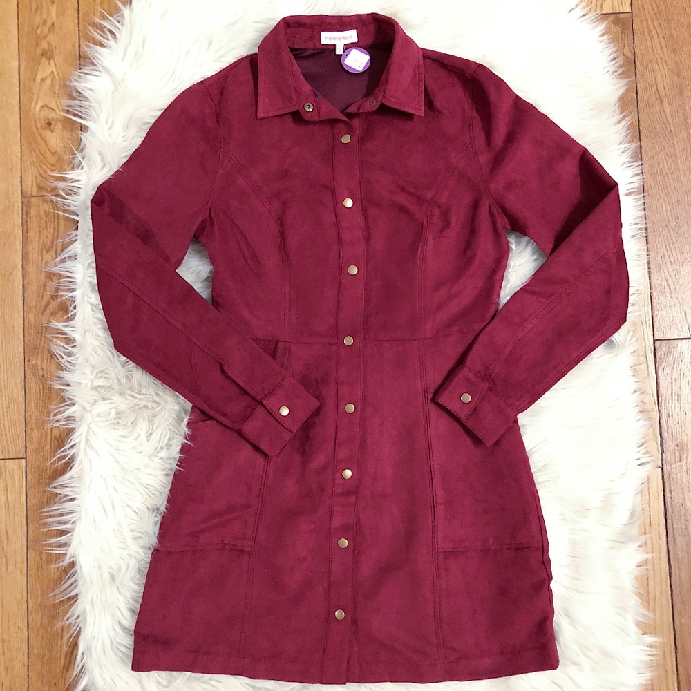 Re:named Red Faux Suede Button Down Shirt Dress SM